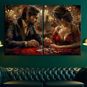 Toile de casino de nuit, art mural couple romantique, oeuvre d'art homme femme élégante, impression poker à gros enjeux