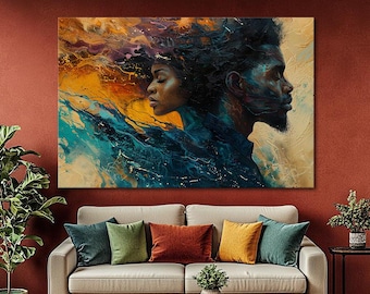 Abstract Couple Portrait Art Emotional Afrocentric Wall Decor Unity Contrast Print Vibrant Duality Artwork Modern Afro Art Black woman man