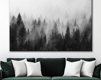 Black and White Foggy Forest Canvas Print: Minimalist Nature Wall Art