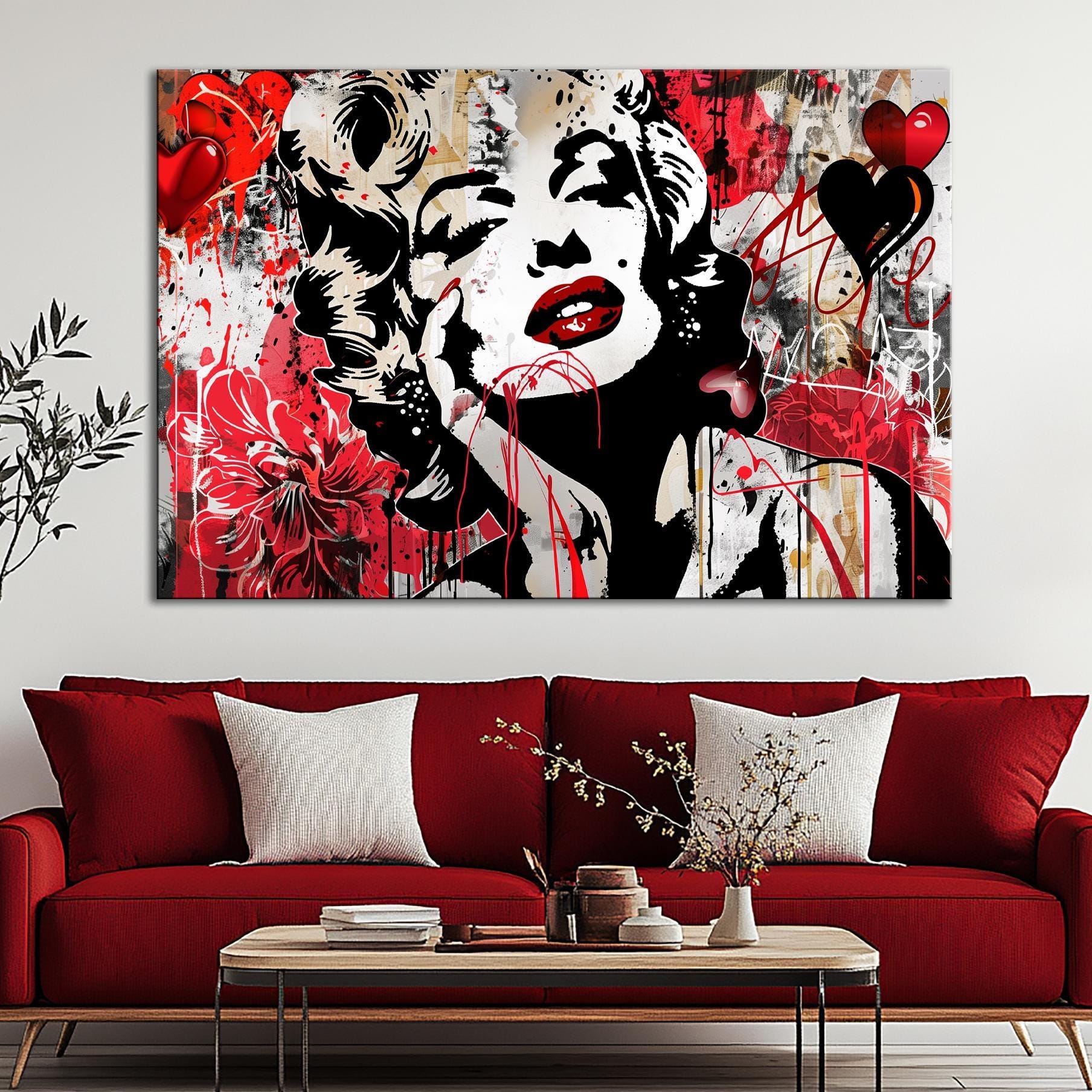Famous Blonde Canvas Wall Art Woman Pop Art Canvas Bold Graffiti Inspired Wall Decor Red Black Modern Art Print Famous Woman Wall Art