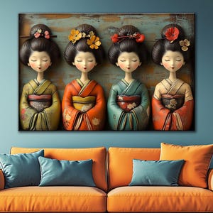 Japanese Wall Art Kokeshi Doll Print Oriental Canvas art Colorful Asian Girl Portrait Geisha Print canvas Zen Home Gift