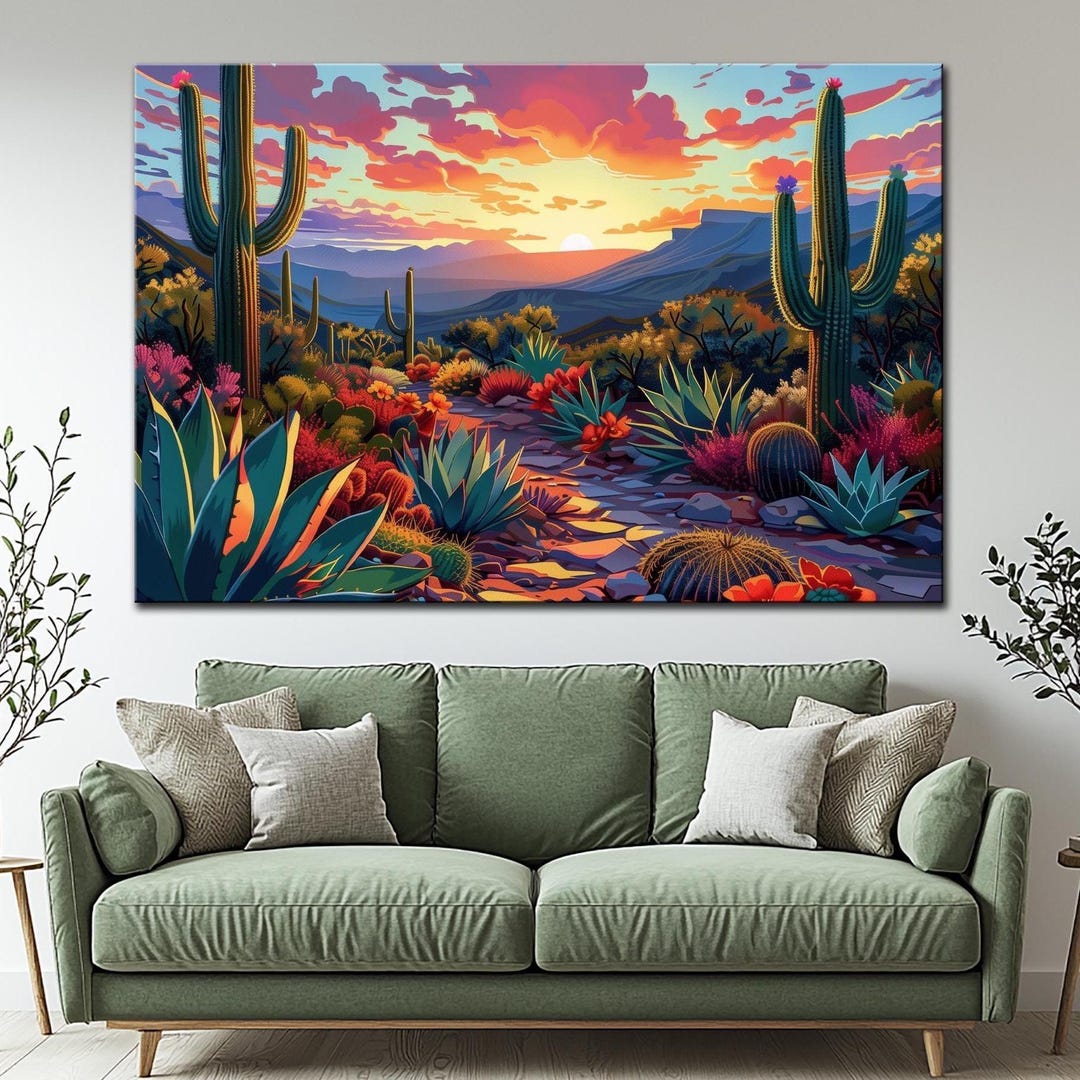 Saguaro Cactus Sunset Canvas Print: Southwest Desert Landscape Wall Art ...