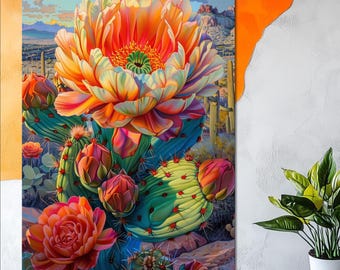 May include: A vibrant painting of a blooming cactus flower in a desert landscape. The large flower is a mix of orange, yellow, and pink hues, with green cactus pads and red buds. The background features a desert scene with mountains and a fence.