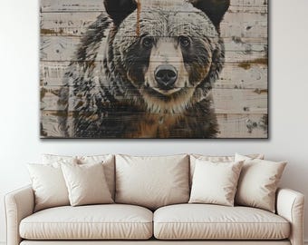 Rustic Grizzly Bear Canvas Print, Farmhouse Cabin Decor