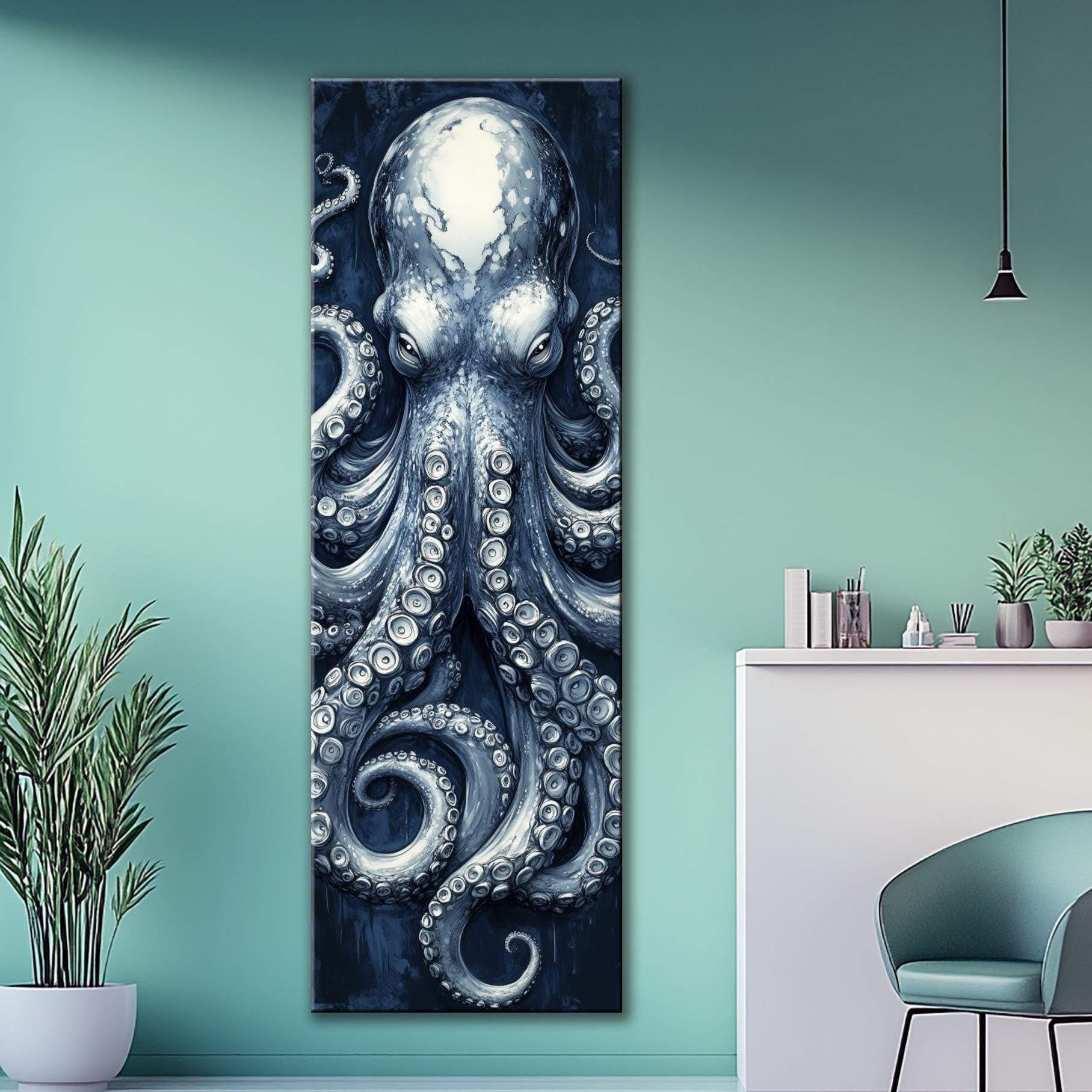 Octopus Canvas Wall Art Nautical Marine Animal Canvas Print Monochrome Ocean Creature Decor Modern Sea Life Artwork Navy wall art Tall art