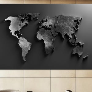 Grande toile noire de carte du monde, grande carte du monde, toile d'art mural, carte minimaliste, impression Atlas, art mural éducatif
