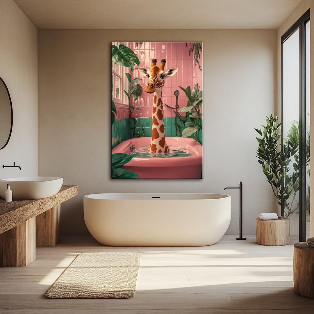 Funny Giraffe Bathroom Art Quirky Animal Wall Decor Pink Jungle Print ...