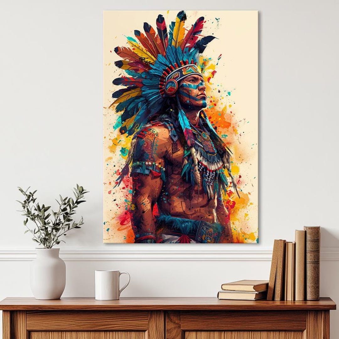 Native American Warrior Canvas Print: Tribal Headdress, Indigenous Art ...