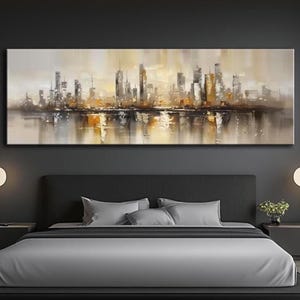 Modern Cityscape Canvas Abstract Skyline Wall Art Urban Panorama Print Contemporary Metropolis Decor Gold Gray City Print