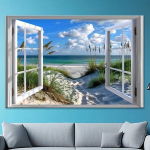 Beach Window View Canvas Print Coastal Wall Art Ocean Scenery art Tropical Sand Dunes canvas Sea Breeze artwork Beach scene wall art