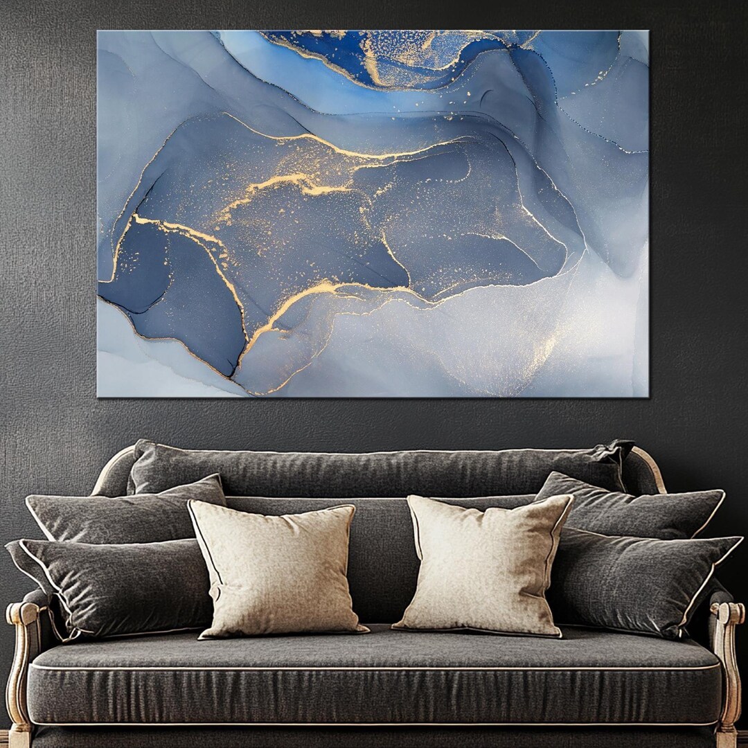 Blue and Gold Abstract Canvas Print: Modern Fluid Ink Wall Art - Etsy
