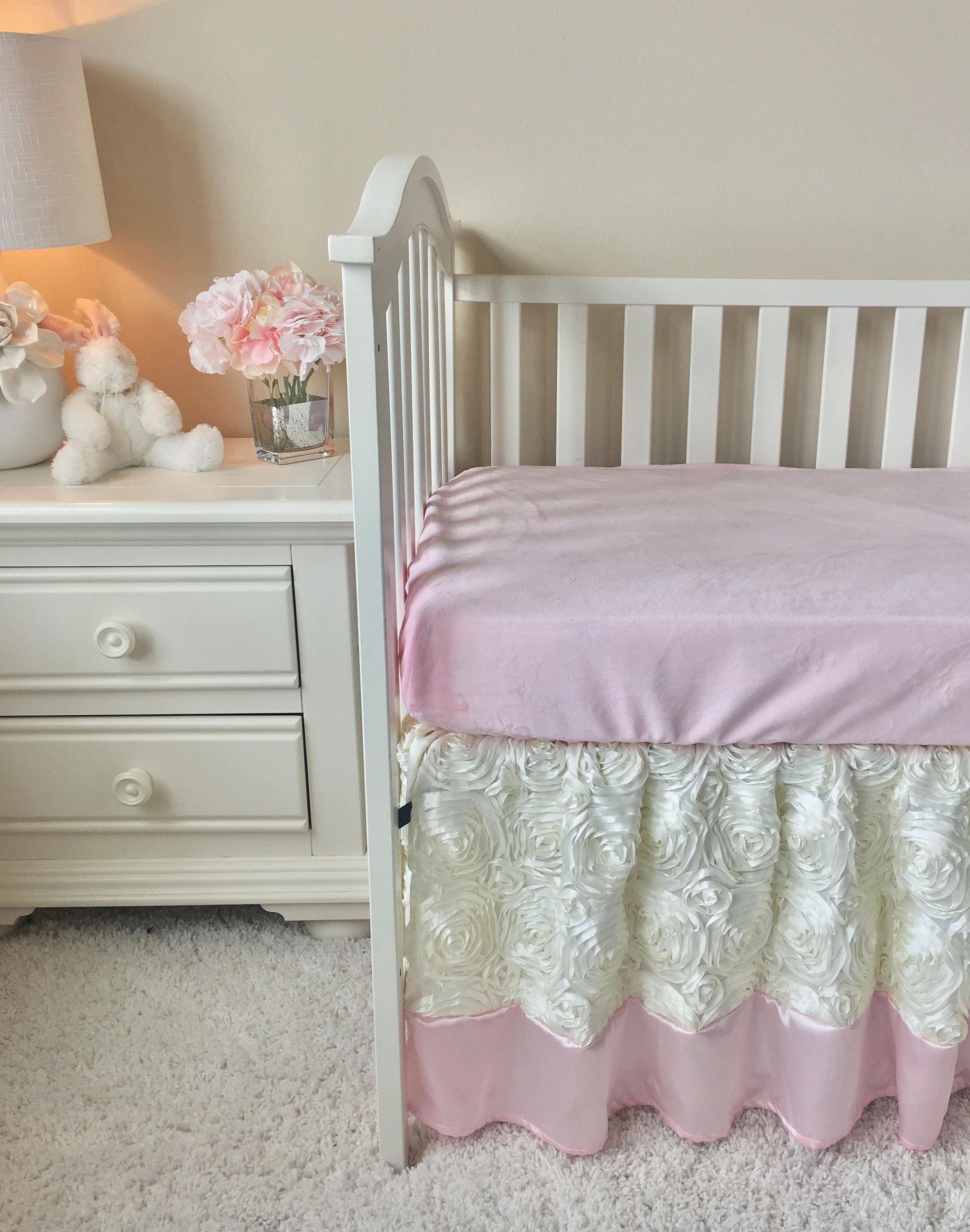 Crib Skirt Ivory Roses Crib Skirt Gathered Crib Skirt Pink ...