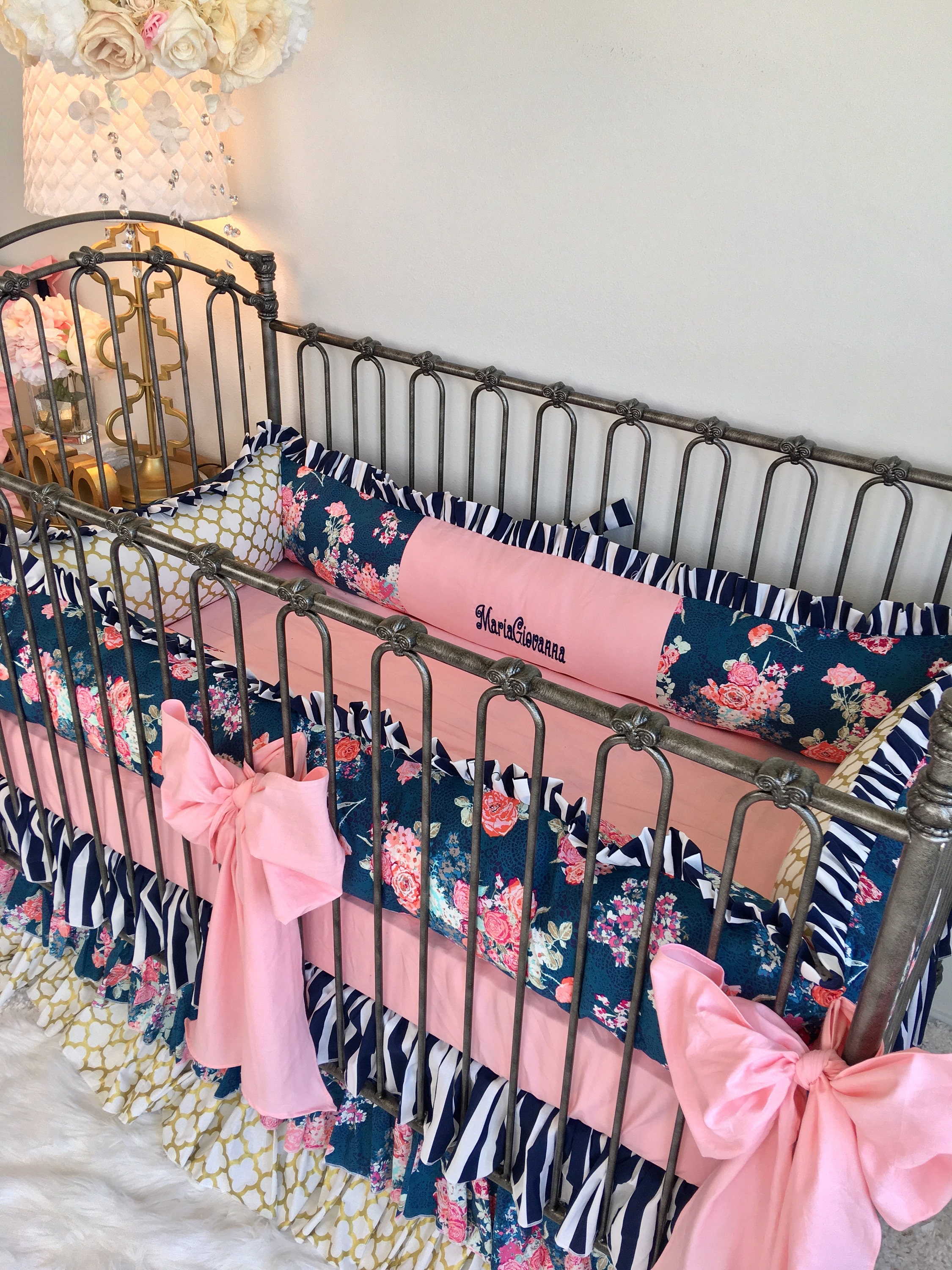Navy Mother's Garden Floral Crib Bedding for Girl Stripe ...