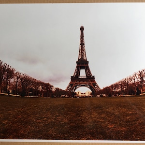 May include: A wide-angle view of the Eiffel Tower in Paris, France. The tower is made of metal and is surrounded by trees. The sky is a light blue colour and there is a grassy field in the foreground.