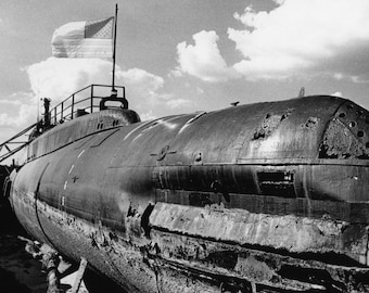 Traditional Black and White Fiber Based Photographic print of a Submarine outside New Orleans.