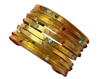 Vintage Cecile Et Jeanne Cuff Bracelet Large Gold Modern Art to Wear Cecile Jeanne Paris 24K Statement Jewelry Handcrafted Gemstone Brass