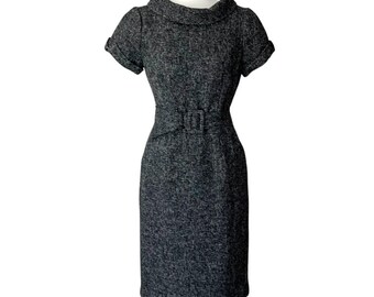 Vintage Dress Small Minimalist Retro 8 Classic 60s Wool Blend Quiet Luxury Fall Classic Wool Tweed 60s Winter Business Belted Work Tailored