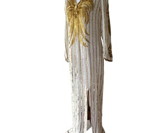 Vintage Plus Size Gown 2X White Silk Dress Long 1X Formal Maxi Beaded Art Deco 80s does 20s Wedding Dress Prom Pageant Homecoming Plus Size