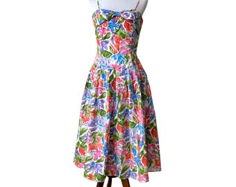 Vintage Womens Dress Medium Retro Cotton 80s does 50s Removable Strapless Cruise Dress Vibrant colorful fit and flare vacation dress Boho