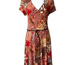 Lauren Ralph Lauren XL Fall Dress Vintage Patchwork Stretch Boho Art to Wear Belt Fringe Patchwork Dress Southwest Jewel Tone Travel dress