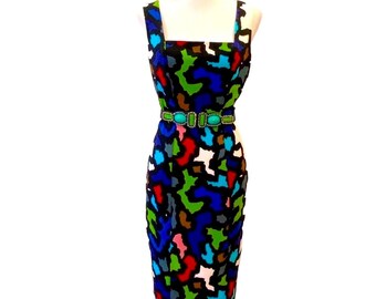Vintage Dress Small Y2K Joseph Ribkoff Medium Cocktail Dress Art to wear RARE Jewel belted dress Vacation cruise formal Semi formal dress