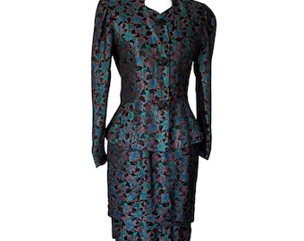 Vintage Small Suit Skirt Set Couture Fall Jacket Embroidered Jacquard 80s does 40s Peplum Jacquard 80s does 40s two piece set