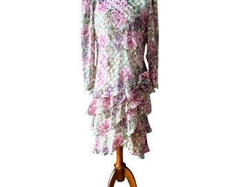 Vintage Dress Set Medium Semi Formal Large Retro Sheer Cottage Summer Wedding Guest Fall Set 80s does 40s Classic Retro Dress Rose Set