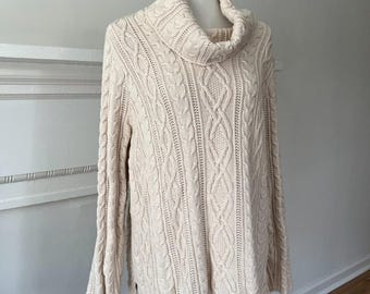Vintage Plus Size Sweater 2X Fall Fisherman Oversize 1X Cotton Cable Cream Cowl