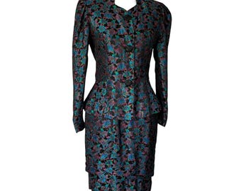 Vintage Suit Skirt Set Small Couture Jacket Set Jacquard 80s does 40s Peplum Jacquard 80s does 40s two piece set