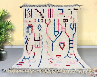 70% OFF Colorful Handwoven Moroccan Wool Rug – Abstract Boho Area Carpet with Geometric Patterns, Home Decor, Rug for Living Room– Rug pink
