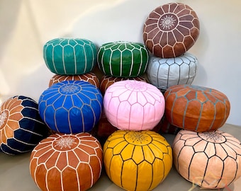 Moroccan POUF **70% OFF** with White Stitching Leather Pouf Ottoman Pouf Morrocan Leather Pouf Moroccan Pouffe, Home gifts, Wedding Gifts