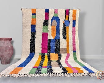 Bunter marokkanischer Beni Ourain Teppich, Abstrakter Berber Wollteppich, Handgefertigter Beni Ourain Teppich, Modernes Boho Dekor für Wohnzimmer oder Studio