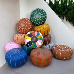 Moroccan POUF **70% OFF** with White Stitching Leather Pouf Ottoman Pouf Morrocan Leather Pouf Moroccan Pouffe, Pouf for your Living Room