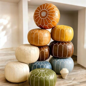 Moroccan POUF **70% OFF** with White Stitching Leather Pouf Ottoman Pouf Morrocan Leather Pouf Moroccan Pouffe, Home gifts, Wedding Gifts