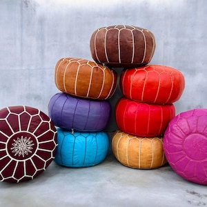 Moroccan POUF **70% OFF** with White Stitching Leather Pouf Ottoman Pouf Morrocan Leather Pouf Moroccan Pouffe, Home gifts, Wedding Gifts