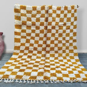 Large Yellow and white checkered rug, Moroccan Berber checkered rug, Checkered area rug -Checkerboard Rug -beniourain rug, Soft Colored Rug