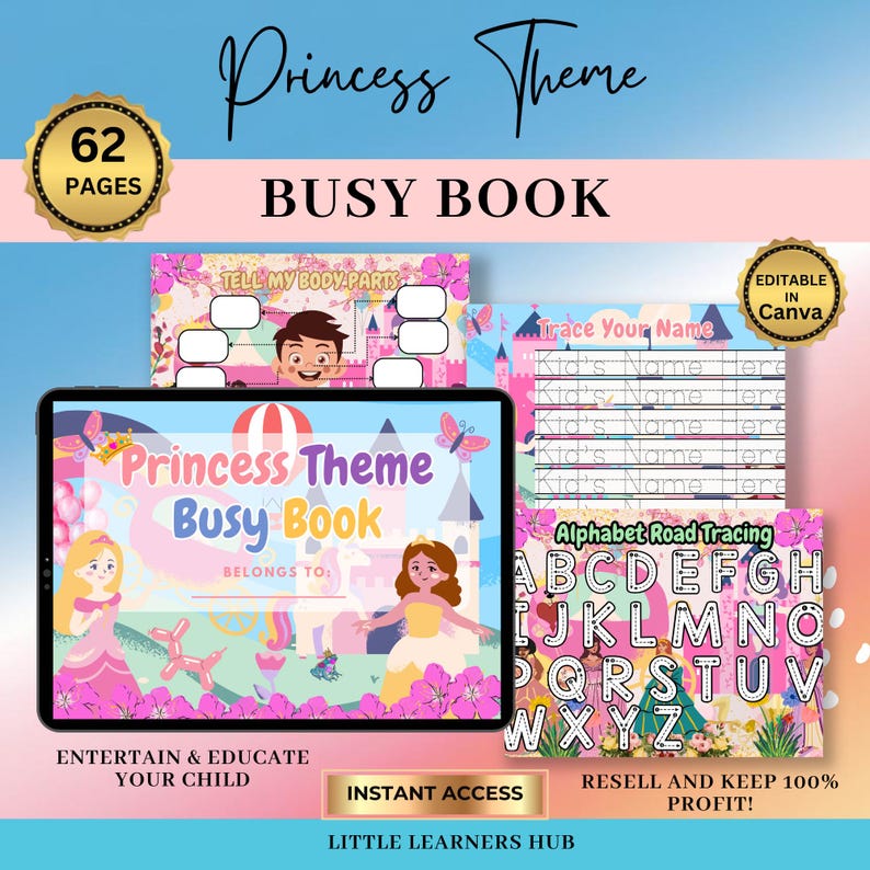 Princess Busy Book | Digital Busy Book for Kids | 62 Editable Pages in Canva | Princess Theme Busy Book Printables | Kids Content PLR
