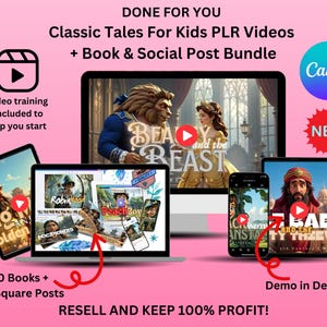 Kids Video Story Canva Templates PLR Pack –  10 Class Tales Video Stories with Voiceovers for Kids |10 Printable Storybooks!  Media Posts