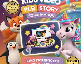 May include: A colorful illustration featuring a fox, penguin, and unicorn against a rainbow background. The text "KIDS VIDEO PLR STORY 3D ANIMATION" is displayed in large, bold letters. The image also includes a smaller image of a computer screen showing a 3D animated video. The text "BRING STORIES TO LIFE WITH ANIMATION!" is displayed below the main image. The text "EDITABLE IN Canva" is displayed in a gold circle.