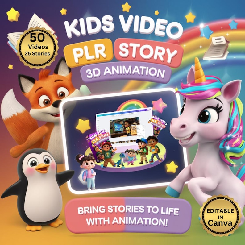 Kids Video PLR Story| Editable Canva Templates Pack – 50 Engaging Educational Video Stories with Voiceovers for Kids|25 Storybooks for Kids