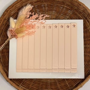 May include: A set of ten pink wooden star-shaped bookmarks with the word "Small" printed on each one.