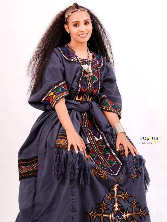 fashion nova leather dresses Gorgeous Blue Habesha Dress Modern Ethiopian Traditional Dress Elegant Habesha Kemis S main image 1