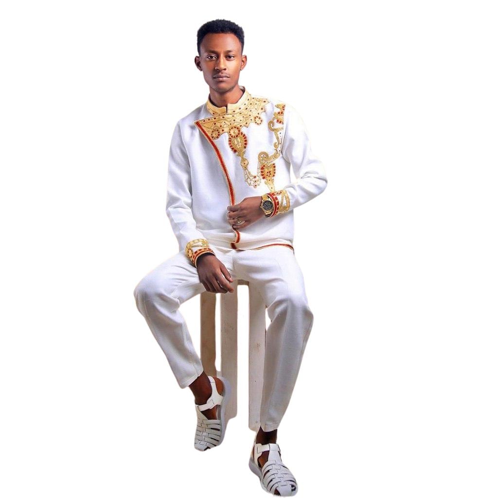 Amen – Men’s White Cotton Top with Orange Embroidery Ethiopian Heritage | Modern Men’s Collection