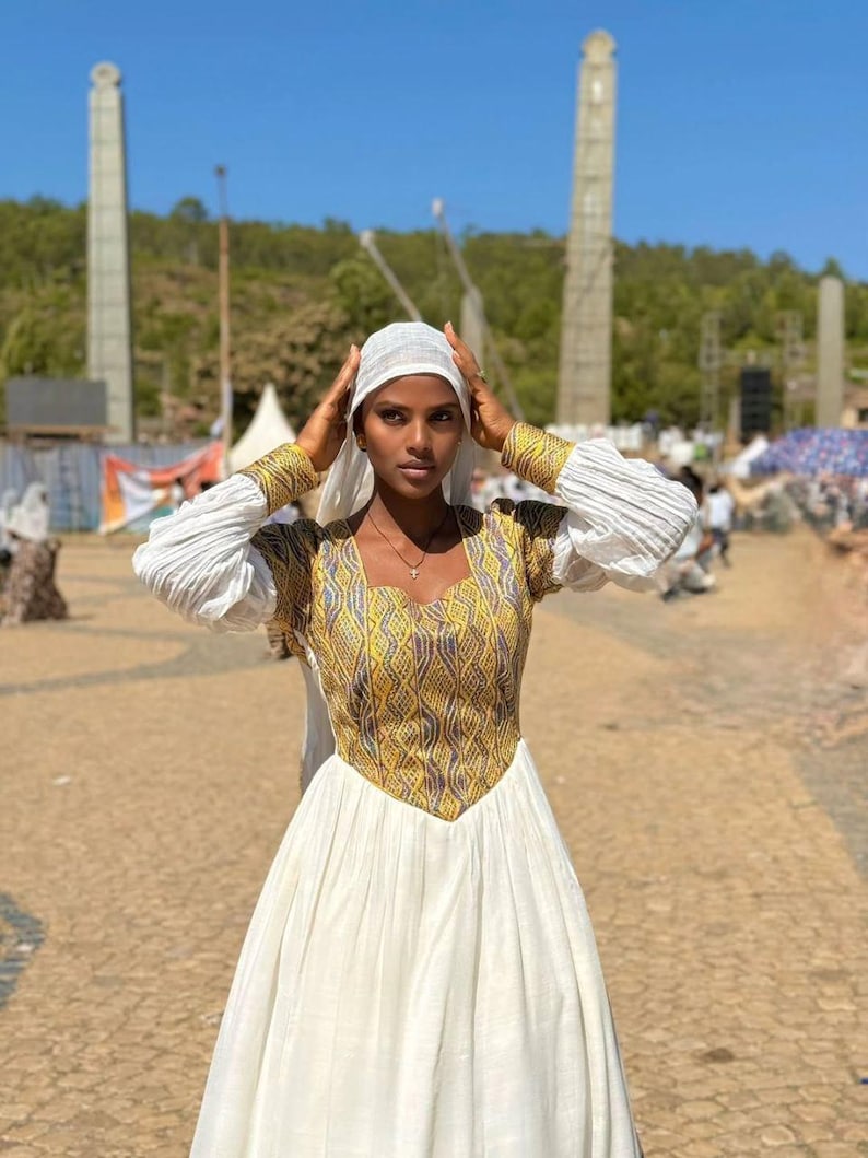 Custom Made Zuria Habesha Kemis, New golden Menen Eritrean & Ethiopian Traditional Fashion, Cultural Dress for Women main image 0