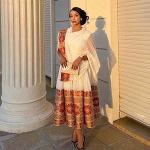 Cultural Habesha Kemis for Women, Red Tilet Eritrean & Ethiopian Traditional Dress