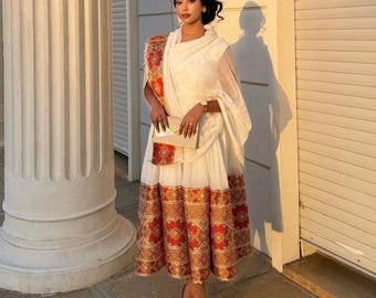 Cultural Habesha Kemis for Women, Red Tilet Eritrean & Ethiopian Traditional Dress