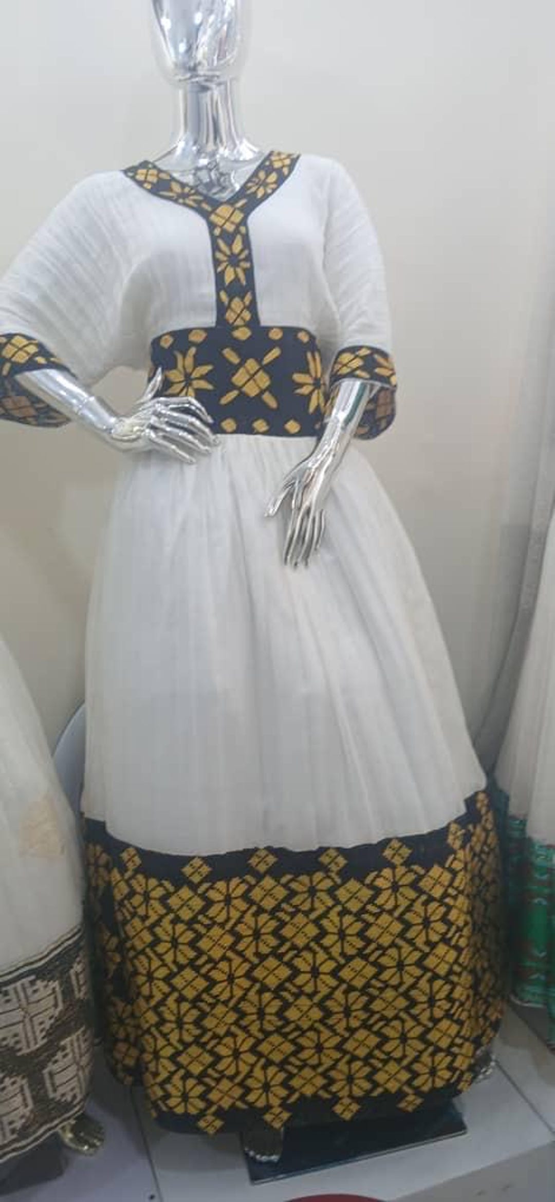 slim fit dress slacks Graceful Blue and Gold Zuria  Modern Habesha Dress