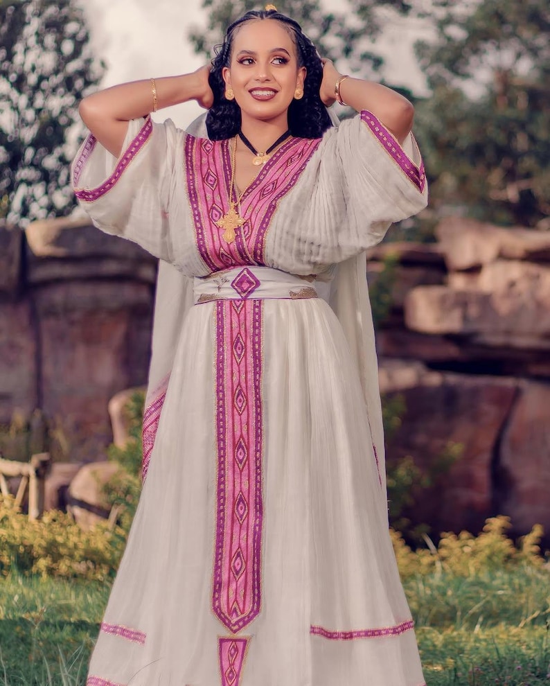 Ethiopia Traditional Dress in Deep Red with Handcrafted Habesha Embroidery Inspired by Ethiopian Ceremonial Wear