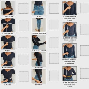 May include: A guide illustrating how to measure various body parts for clothing. The image shows a person being measured for shoulder, bust, waist, hip, and sleeve length. Other measurements include front length and waist to floor.