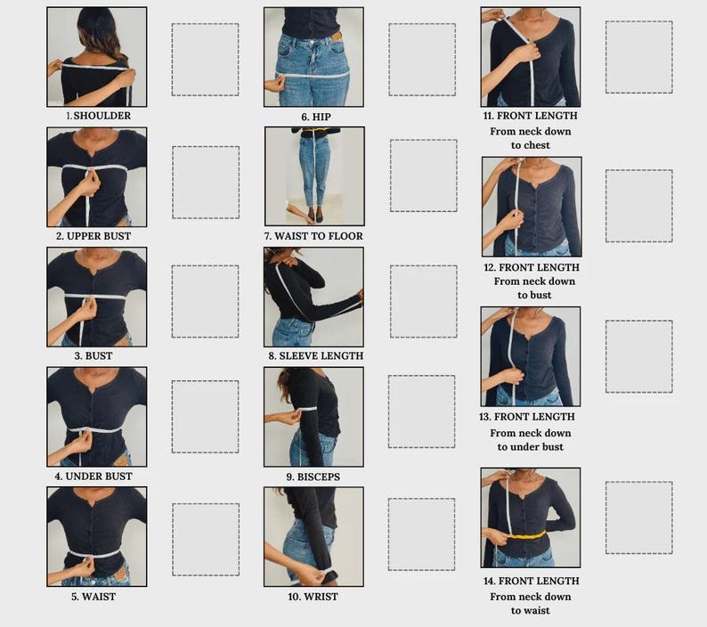 May include: A guide illustrating how to measure various body parts for clothing. The image shows a person being measured for shoulder, bust, waist, hip, and sleeve length. Other measurements include front length and waist to floor.